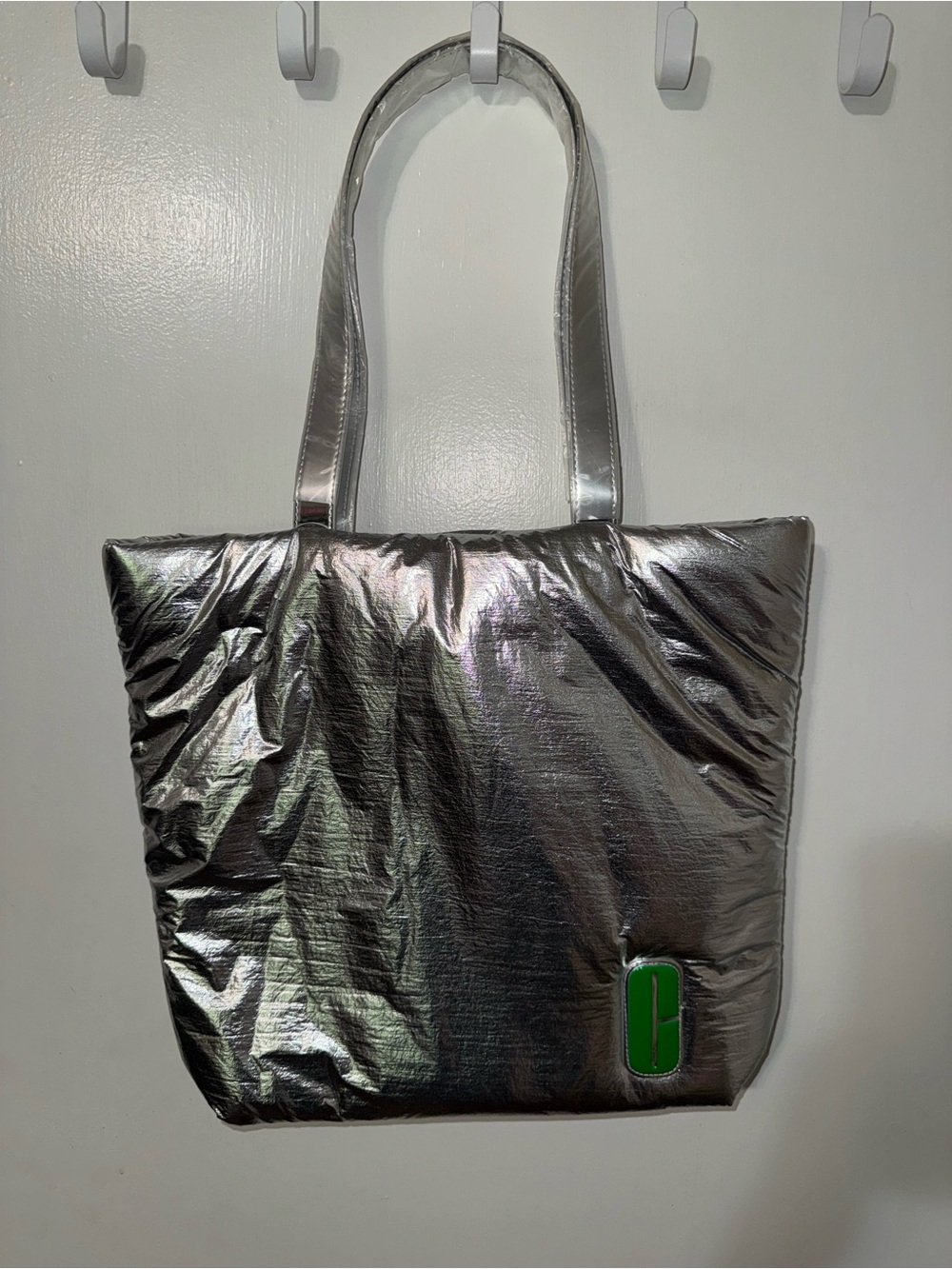 NWT Clinique Silver Metallic Tote with Green Logo Accent